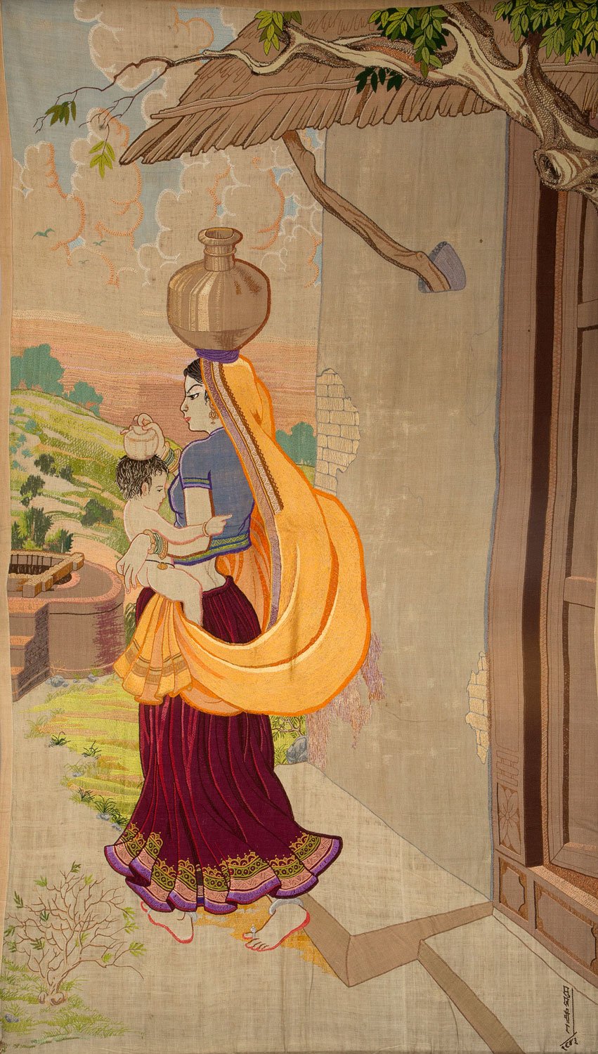 Going to the well (Panghat ki aur), Embroidery on khadi cloth by Sukhivr Sanghal