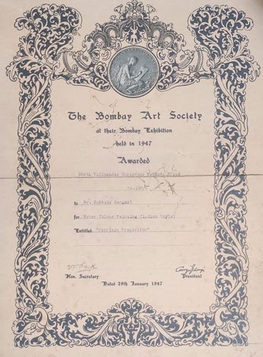 Prof. Sukhvir Sanghal was awarded first prize by all bomaby arts society in 1947