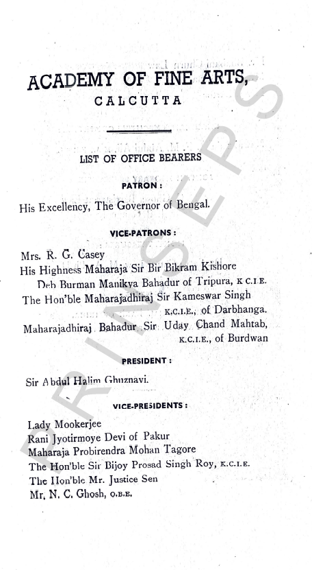 Office bearers of the Academy of Fine Arts, Calcutta, as listed in the official 1946 exhibition catalogue, reflecting the distinguished patronage under which the exhibition was organized.